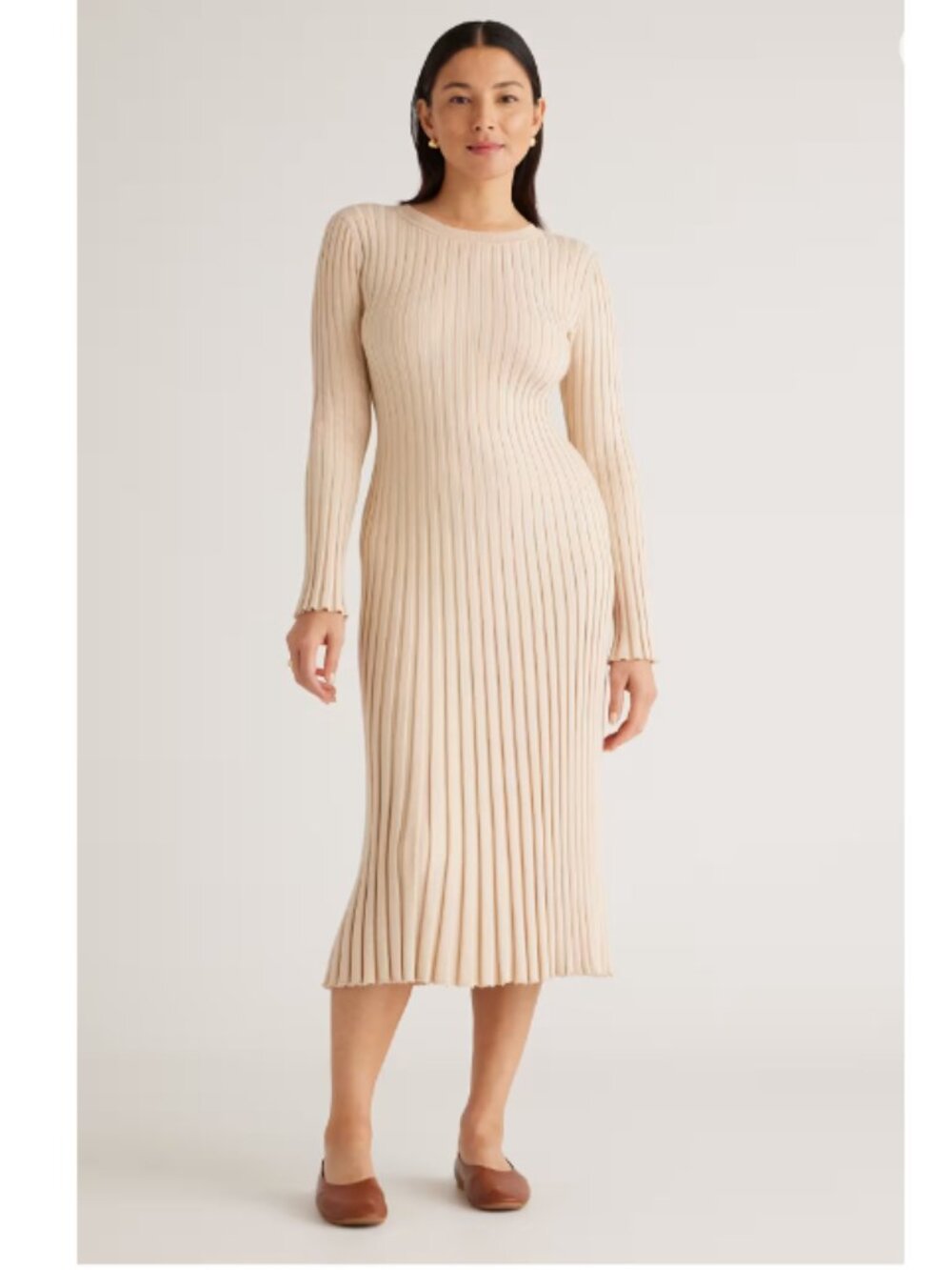 NWT Quince Cotton Cashmere Ribbed Crew Midi Dress Small Heather Oatmeal Cream